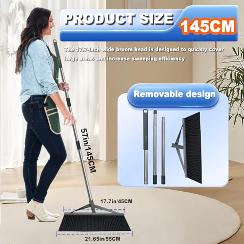 17.7inch Wide Large Broom for Sweeping Indoor or Outdoor, Whole Length 57inch Long Handle Heavy Duty Broom with Soft Bristle