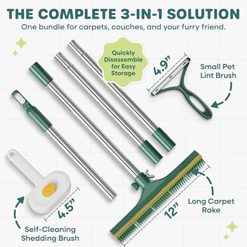 Carpet Rake for Pet Hair Removal Tool with Copper Teeths, 60” Long Handle – 3 in 1 Heavy-Duty Pet Hair Remover Kit for Dog Cat Carpets, Rugs & Mats, Cat Dog Fur Rakes Scraper with self-Cleaning Brush
