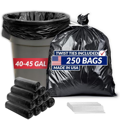 Reli. 40 to 45 Gallon Trash Bags Heavy Duty | 250 Trash Bags with Ties | Super Sizeable, Black, Serious Garbage Cleanup