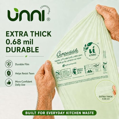 UNNI 2.6 Gallon Compostable Trash Bags with Tie Handles, 50 Count Small Food Scrap Kitchen Compost Bags for Countertop Bin, Certified by BPI, CMA & OK compost HOME, Meets ASTM D6400 - size: 50 Count (Pack of 1), style: 2.6 Gallon