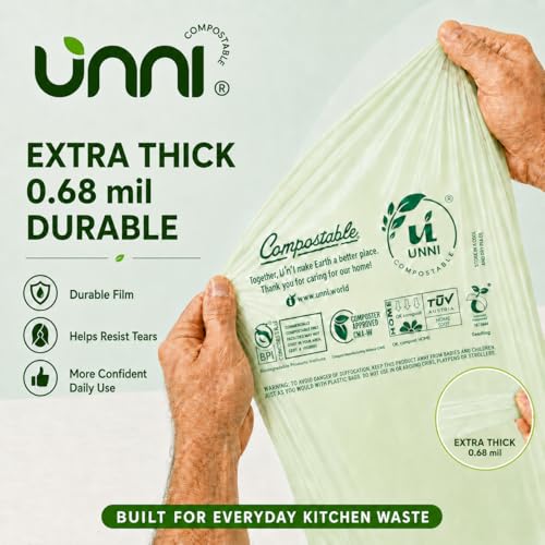 UNNI 2.6 Gallon Compostable Trash Bags with Tie Handles, 200 Count Small Food Scrap Kitchen Compost Bags for Countertop Bin, Certified by BPI, CMA & OK compost HOME, Meets ASTM D6400 - size: 200 Count (Pack of 1), style: 2.6 Gallon
