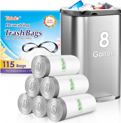 Teivio 8 Gallon 115 Counts Strong Drawstring Trash Bags Garbage Bags, Medium Kitchen Trash Can Bathroom Bin Liners, Plastic Trash Bags for Home Office Kitchen, White - style: 115-8Gallon-White