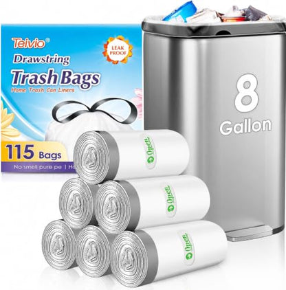 Teivio 8 Gallon 115 Counts Strong Drawstring Trash Bags Garbage Bags, Medium Kitchen Trash Can Bathroom Bin Liners, Plastic Trash Bags for Home Office Kitchen, White - style: 115-8Gallon-White