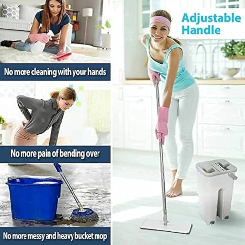 Mop Heavy Quality Floor Mop with Bucket, Flexible Kitchen tap Flat Squeeze Cleaning Supplies 360 Flexible Head/2 Reusable Pads Clean Home Floor Cleaners