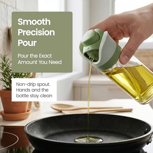 Olive Oil Dispenser for Kitchen 2-in-1 Pour and Spray | 11.5 oz / 340 ml | Glass Olive Oil Sprayer for Cooking, Airfryer, Salad & BBQ | Set of 2 Bottles, Green - color: Green