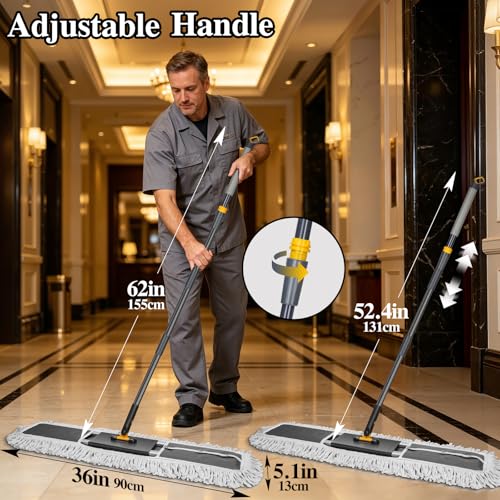 MASTERTOP Commercial Mop, 36'' Large Dust Mop,Heavy Duty Industrial Push Mops with 3 Reusable Microfibre Pads & 62'' Adjustable Handle for Home,Hotel,Mall,Warehouse - color: Grey(36"*5.1")