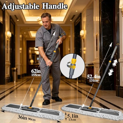 MASTERTOP Commercial Mop, 36'' Large Dust Mop,Heavy Duty Industrial Push Mops with 3 Reusable Microfibre Pads & 62'' Adjustable Handle for Home,Hotel,Mall,Warehouse - color: Grey(36"*5.1")