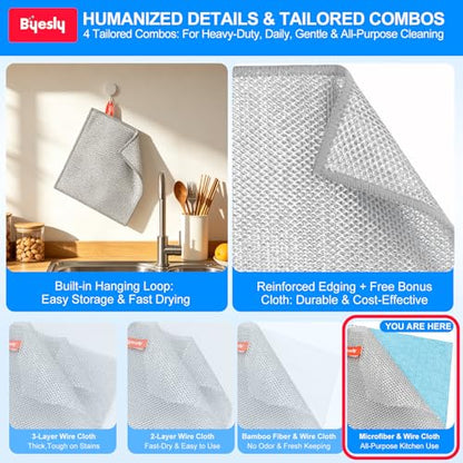 Non-Scratch Silver Mesh Dish Cloths, 12+1 Pack Microfiber & Wire Metallic Fiber Cleaning Cloths for Kitchen, Diamond Weave Scrubber Pads for Dishes, Sinks & Cookware (7.87x7.87 Inches) - style: Microfiber & Silver Mesh