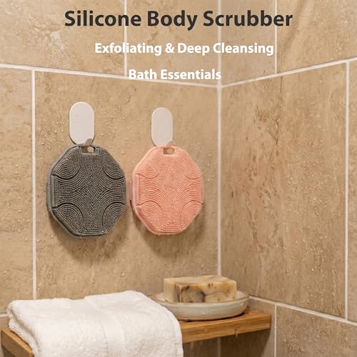MtBoi 2 Pack Silicone Exfoliating Body Scrubber with Handle, Soft Silicone Loofah for Sensitive Skin, Body Brush & Shower Head Massager with Hanging Loop, Easy to Clean, Rich Lather (Gray&Pink) - color: Gray&pink