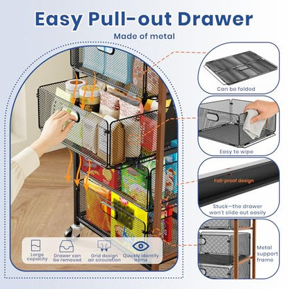 Goovilla Kitchen Cart with Drawers, 4 Tier Metal Rolling Utility Cart Organizer on Lockable Wheels with Wooden Top, Black Fruit Vegetable Storage Rack Also for Cans, Snack, Craft, Art, Office, Beauty - size: Black