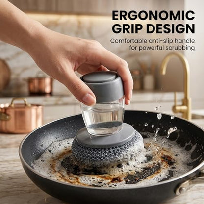 Sakerplus Dish Brush Kitchen Soap Dispensing Palm Brush, Comfort Grip Soap Dispensing Kitchen Scrub, Palm Brush Dish Scrubber with Holder for Kitchen Sink (2, Light Gray, PET) - color: Light Gray