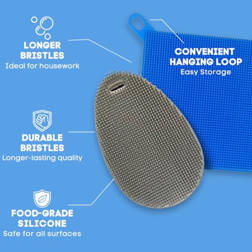 Silicone Dish Sponge Dish Scrubber (Oval and Square) - Dual-Sided, Food Grade Silicone Sponges for Dishes and Housecleaning 2-Pack - color: 2 Pack Grey + Grey