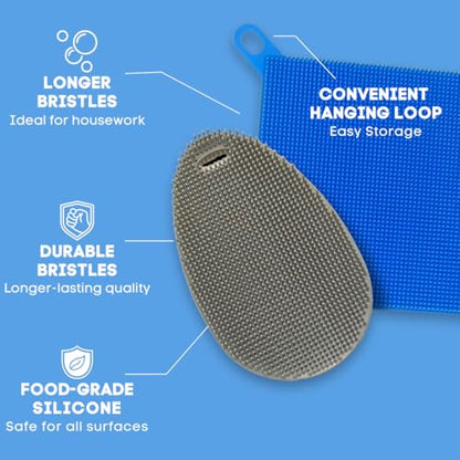 Silicone Dish Sponge Dish Scrubber (Oval and Square) - Dual-Sided, Food Grade Silicone Sponges for Dishes and Housecleaning 2-Pack - color: 2 Pack Grey + Grey