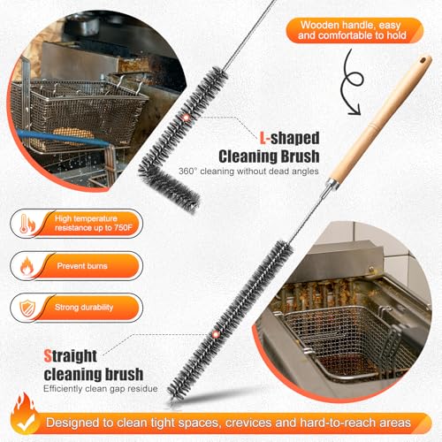 Fryer Cleaning Tool 5 Piece Set, Deep Fryer Basket Brush, Long Handle L-Shaped & Straight Crevice Cleaning Brush, Cleanout Rod Kit and V-Shaped Strainer Scoop for Restaurant, Kitchen Maintenance - style: 5 Pack