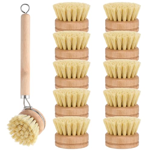 11 Pcs Bamboo Dish Brush Set, Multifunctional Bamboo Dishwashing Scrub Brush with Natural Sisal Bristles, Wooden Handle Dish Brush with Replacement Heads for Cleaning Pots Dishes Pans Vegetables
