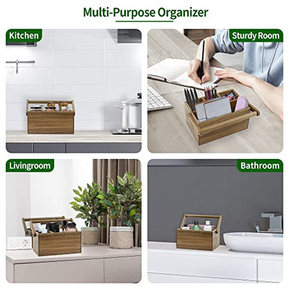 VaeFae Acacia Silverware Caddy with Handle, Wooden Utensil Holder, Mulip-pose Organizer for Kitchen, Office, Bathroom, Bedroom - size: Medium