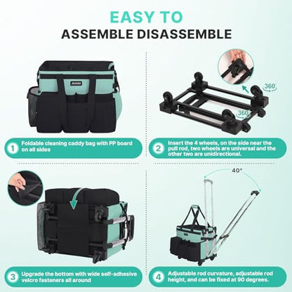 JKAOO Large Rolling Cleaning Caddy Bag with Detachable Trolley, Blue-Green | Waterproof Cleaning Caddy with Wheels, 40L Wheeled Organizer Cart for Supplies, Housekeepers, Home, Office, Car, Picnic - color: Blue Green