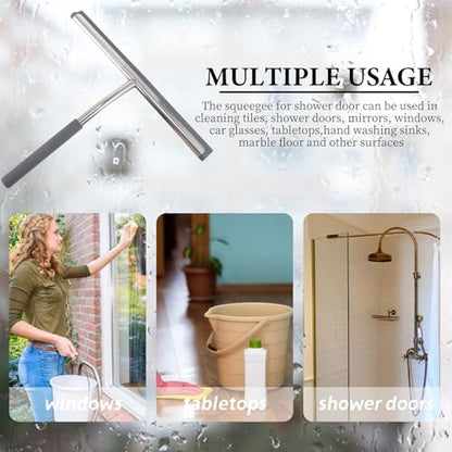 Didiseaon Stainless Steel Window Squeegee with Flexible Rubber Blade Water Removal Cleaner Wiper for Shower Doors Glass Tile Walls Bathroom and Kitchen Includes Hook for Easy Random Color