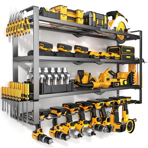 MOOMSINE Large Power Tool Organizer Wall Mount for Garage, 4-Tier Heavy Duty Metal Storage Rack Loads 400lbs, Battery Tools Hanger with 8 Cordless Drill Holder for Workshop, Pegboard, Shed - size: 32 Inch（4 Tier Extra Tall）