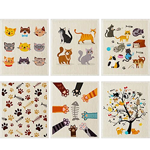Geiserailie 6 Pieces Cat Sweedish Dishcloth Dish Towels Durable Swedish Cleaning Cloths Absorbent and Fast Dry Kitchen Towels Cats Cleaning Cloths for Kitchen Bathroom Office Wedding Housewarming