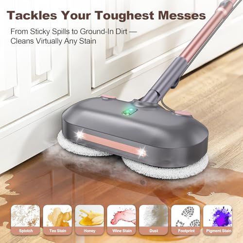 F6 Steam Mop Electric Rotating Steam Mop Head Pink, Large Tank, 23FT Cord, LED Headlights