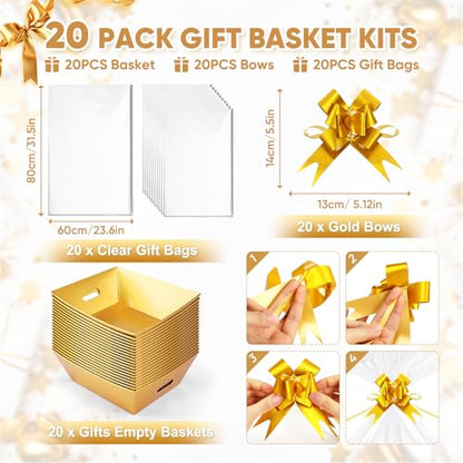 20PACK Gold Baskets for Gifts Empty, 12x10x4” Thick Cardboard Gift Basket Kit with 20 Bows & 20 Bags - Kraft Empty Gift Baskets for Christmas, Weddings, Birthdays, Bulk Gifting - color: 20 Gold