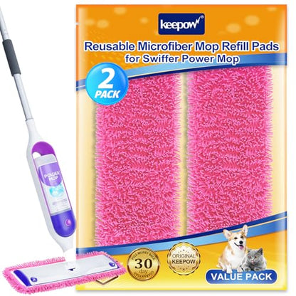 KEEPOW Reusable Mop Pads Compatible with Swiffer PowerMop, Wood Floor Pads Microfiber Mop Replacement Refills Machine Washable for All Floor Surfaces 2 Pack - color: Pink 2 Pack