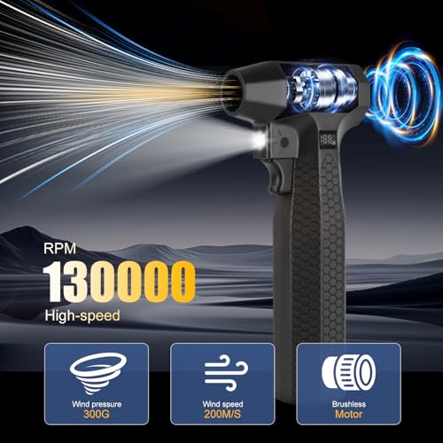 Compressed Air Duster, 130000RPM Powerful Turbo Air Duster with LED Light, 3-Speed Cordless Electric Duster with Brushless Motor, Jet Dry Blower for Computer, Keyboard, Home, Car, Outdoor