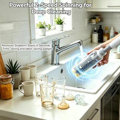 Electric Bottle Brush Set, 6-in-1 Electric Cleaning Brush with Waterproof Silicone Cleaner, 3 Replaceable Brush Heads, Straw Brush & Extension Rod, for Baby Feeding Supplies and Kitchen Utensils - color: Light Grey