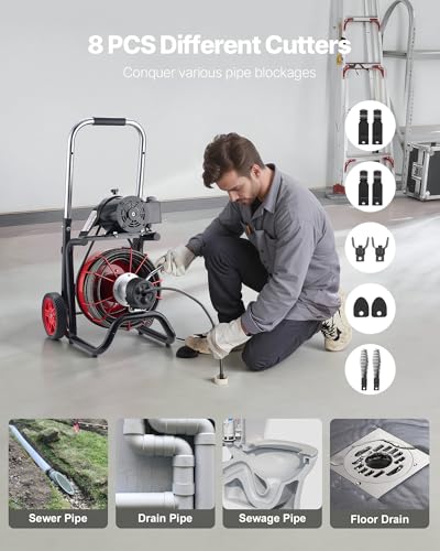 VEVOR Drain Cleaner Machine 100FT x 3/8 Inch, Auto Feed Sewer Snake Auger on Wheels, 370W Portable Drain Cleaning Machine with 8 Cutters & Air-activated Foot Switch for 2" to 4" Pipes - style: 100 FT x 3/8''