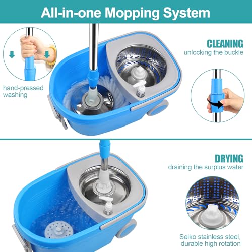 Spin Mop and Bucket with Wringer Set On Wheels, 360° Spinning Mop Bucket System with 3 Microfiber Replacement Heads, 61" Stainless Steel Extended Handle for Floor Cleaning Black/Red (25QT) (Blue) - color: Blue