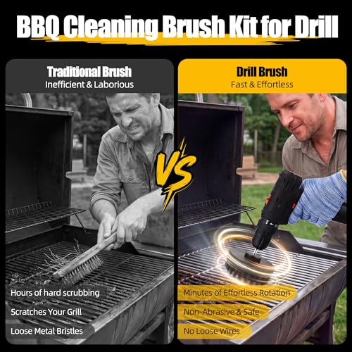 BBQ Grill Brush with Cleaning Spray, Cordless Drill Spin Brush Cleaning Kit - Nylon Safe Bristle & Wire Free, Safe for Stainless Steel, Porcelain, Charcoal Smoker Grill (Drill Not Included)