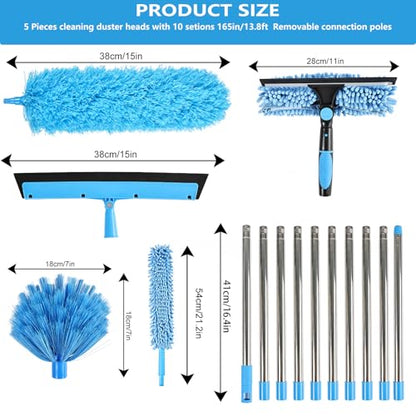 High Reach Duster Kit with14 ft Extension Pole High Ceiling Dusting and Window Cleaning Kit with Spliceable Pole - Cobweb Duster, Fan Blade, Window Washer & Squeegee and Feather Dusters - size: 16-150inch-15pcs