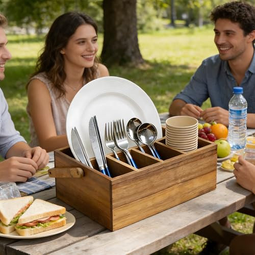VaeFae Acacia Silverware Caddy with Handle, Wooden Utensil Holder, Mulip-pose Organizer for Kitchen, Office, Bathroom, Bedroom (Large, 5 compartments) - size: Large, 5 compartments