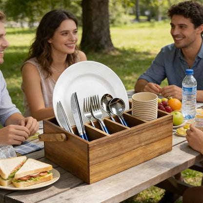 VaeFae Acacia Silverware Caddy with Handle, Wooden Utensil Holder, Mulip-pose Organizer for Kitchen, Office, Bathroom, Bedroom (Large, 5 compartments) - size: Large, 5 compartments