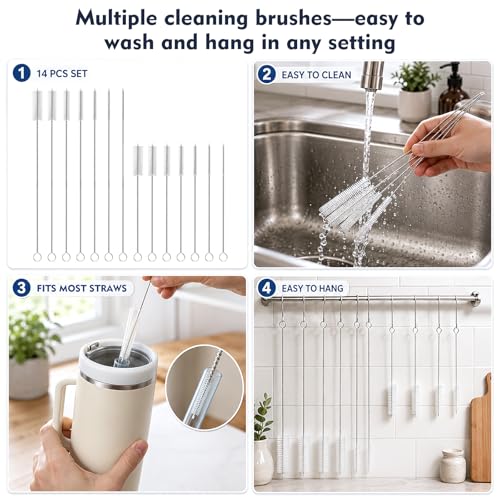 14 Pack Straw Cleaner Brush Set, 8 Inch and 12 Inch Multi-Size Flexible Nylon Cleaning Brushes, Rust-Proof Stainless Steel for Tumbler Cup, Sippy Cup, Water Bottle and Pipe