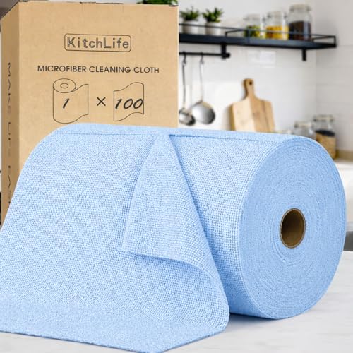 KitchLife Microfiber Cleaning Cloth Roll, 100 Pack - Tear-Away Microfiber Paper Towels, Lint-Free, Reusable, Washable for Kitchen, Car, Dishes, and Sensitive Surfaces (Blue) - color: Blue, size: 100 Pack