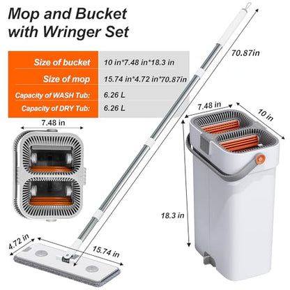 CTIME Large Mop and Bucket Set, Flat Mop and Bucket System, Wall Mop with Adjustable Handle (Max 70.87 Inches), Mops for Floor Cleaning, 6 Washable 15.74'' Microfiber Mop Pads