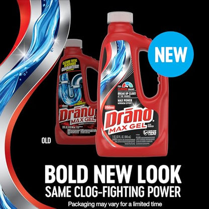 Drano Max Gel Drain Clog Remover & Cleaner, Fast-Acting to Unclog Standing Water & Remove Hair, Grease & Food Blockages, Safe for all Pipes & Septic, Kitchen Sinks, Bathroom Showers & Tubs, 32 Oz - size: 32 Fl Oz (Pack of 1)