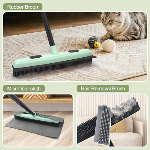 Upgraded Rubber Broom Pet Hair Remover with Squeegee Carpet Rake Fur Sweeper Small Detailing Lint Brush to Fluff Carpet Rug Tile Hardwood Floor