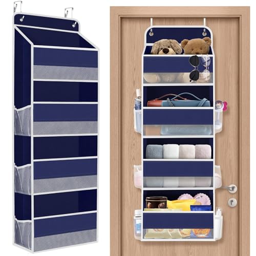 SpaceHacks 1 Pack Over The Door Organizer, Hanging Storage Organizer with Clear Window, 40lb Ultra Sturdy Large Capacity Room Organizer for Pantry Laundry Bathroom Nursery Closet (Blue) - color: Blue, size: 4-Tier