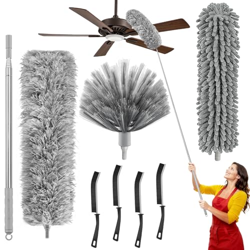 8-Piece Microfiber Feather Duster Set with Extension Pole (16.1" to 100"), Extendable Cobweb & Ceiling Fan Duster for Cleaning Cobweb, Ceiling Fan, Blind, Furniture - color: 8-piece Set With Chenille Head