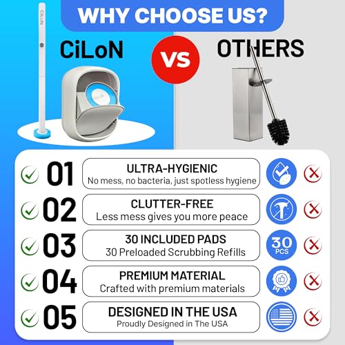 CiLoN 30 Pack Auto-Open Lid Disposable Toilet Bowl Brush & Holder System | Wall-Mounted Disposable Toilet Cleaning Set For Touch-Free Space-Saving Hygienic Modern Bathrooms (Starter Kit + 30 Sponge) - size: Starter Kit + 30pcs Refill Heads