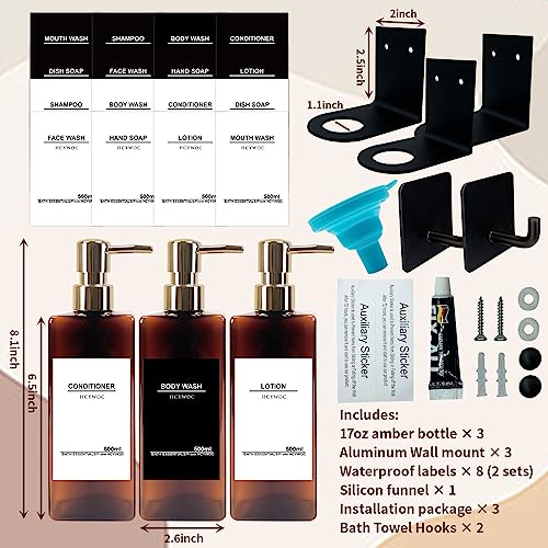 Shampoo Dispenser for Shower Wall, Shampoo and Conditioner Dispenser with 16 Waterproof Labels, No Drill Shower Soap Dispenser Bathroom, Shower Soap Dispenser Wall Mounted 3 Chamber, 17oz, Gold Amber - color: Amber Bottle + Gold Pump