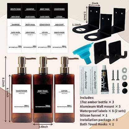 Shampoo Dispenser for Shower Wall, Shampoo and Conditioner Dispenser with 16 Waterproof Labels, No Drill Shower Soap Dispenser Bathroom, Shower Soap Dispenser Wall Mounted 3 Chamber, 17oz, Gold Amber - color: Amber Bottle + Gold Pump