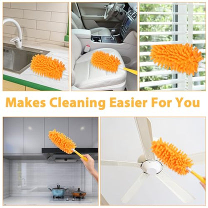 11-Pack Reusable Duster Kit – Heavy Duty Chenille Refills with Handle, 360° Microfiber Dusting for Home & Office (Orange)