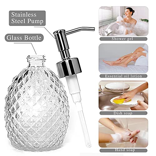 Glass Soap Dispenser with Stainless Steel Pump, 12oz Clear Dish Soap/Hand Soap/Laundry Soap/Lotion Dispenser, Refillable Liquid Dispenser for Bathroom Kitchen Shower (Transparent) - color: Transparent
