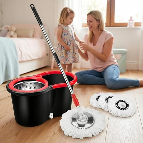 360° Spin Mop & Bucket System – 20QT Floor Cleaning Set with 3 Microfiber Mop Heads & 61" Adjustable Stainless Steel Handle for Effortless, Streak-Free Cleaning-Black - color: Black