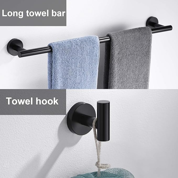 12 Pieces Matte Black Bathroom Hardware Accessories Set Hand Towel Ring 16&23.6 inch Round Towel Bar Toilet Paper Holder Towel Hooks 4 Pieces SUS 304 Stainless Steel,Heavy Duty,Wall Mounted - color: Matte Black, size: 12 piece 24"