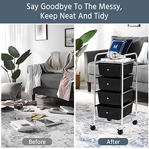 Yaheetech 4 Drawers Cart Rolling Storage Organizer Metal Frame Plastic Drawers Trolley Organizer on Wheels, Black - color: Black, style: 4 Drawers